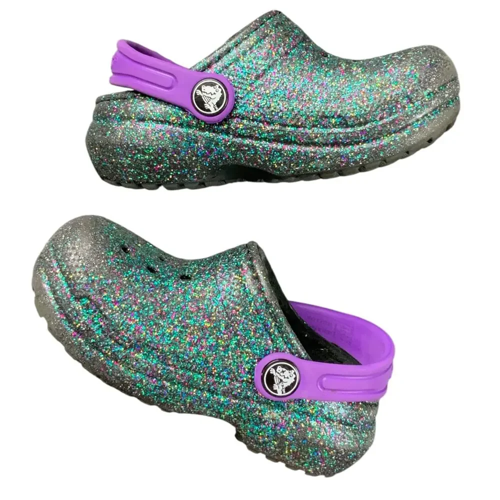 Crocs Kids Classic Glitter Clogs Purple Strap Black Sparkle C7 Toddler Shoes